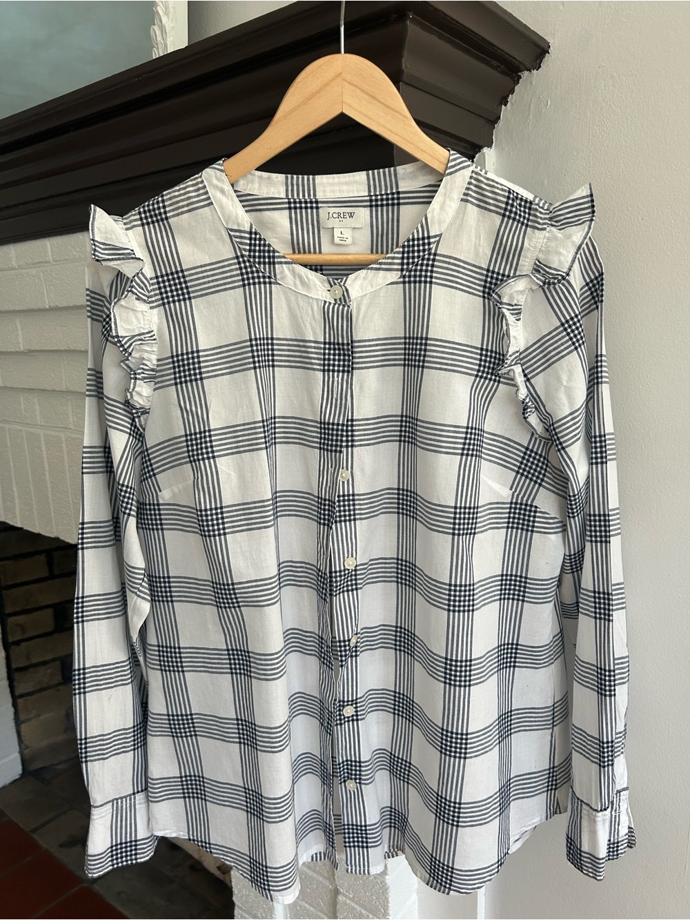 J. Crew White and Black Plaid Ruffle-Shoulder Button-Down Top